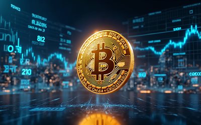 Bitcoin gold coin, 4k, blue finance background, Bitcoin sign, Bitcoin emblem, Bitcoin logo, cryptocurrency, Bitcoin