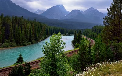 Bow river, forest, mountains, sky, Canada, Banff