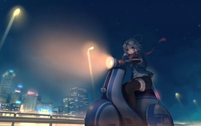 scooter, noche, Luo Tianyi, Vocaloid, carretera