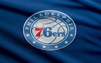 philadelphia 76ers kumaş logosu, 4k, mavi kumaş arka plan, nba, bokh, basketbol, philadelphia 76ers logosu, philadelphia 76ers amblemi, amerikan basketbol takımı, philadelphia 76ers