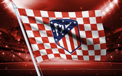 4k, Atletico Madrid logo, Spanish football club, stadium flag, Atletico Madrid fans flag, red white flag, Atletico Madrid emblem, La Liga, Spain, football, Atletico Madrid FC