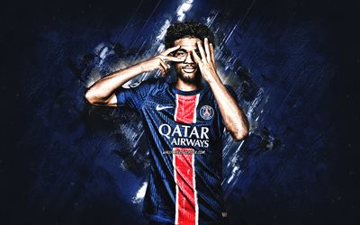 Ibrahim Mbaye, Paris Saint-Germain, French footballer, blue stone background, grunge art, PSG, France, Ligue 1, football, Mbaye PSG