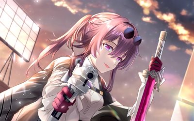 Kafka, purple sword, Honkai Star Rail, 3D art, manga, anime characters, red flowers, Honkai Star Rail characters, Kafka Honkai Star Rail