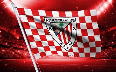 4k, شعار النادي الرياضي, نادي كرة القدم الأسباني, علم الملعب, علم مشجعي النادي الرياضي, العلم الأبيض الأحمر, لا ليجا, إسبانيا, كرة القدم, الرياضي بلباو