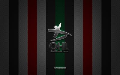 Oud-Heverlee Leuven logo, Belgian football team, Belgian Pro League, red white carbon background, Oud-Heverlee Leuven emblem, football, Oud-Heverlee Leuven, Belgium, FC Leuven