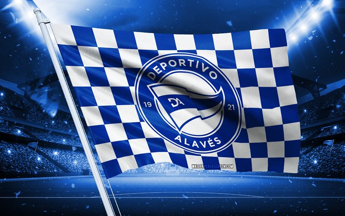 4k, deportivo alaves logo, spanischer fußballverein, stadionflagge, deportivo alaves fans flagge, blaue weiße flagge, deportivo alaves emblem, la liga, spanien, fußball, deportivo alaves