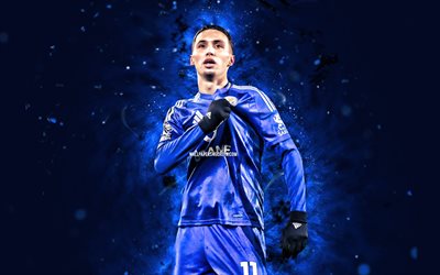 Bilal El Khannouss, 4k, blue neon lights, Leicester City FC, Premier League, Moroccan footballers, Bilal El Khannouss 4K, football, soccer, Bilal El Khannouss Leicester City