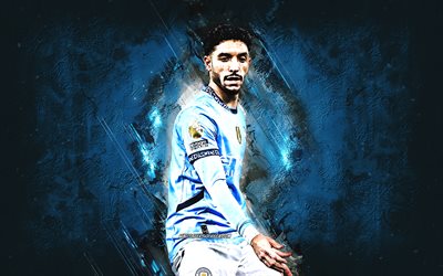 Omar Marmoush, Manchester City FC, Egyptian football player, blue stone background, Premier League, England, football