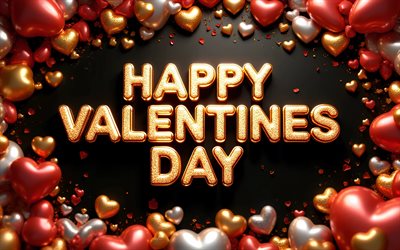 4k, feliz dia dos namorados, quadro de corações 3d, letras de brilho dourado, fundo preto, saudações do dia dos namorados, 14 de fevereiro, conceitos de amor, corações 3d coloridos, inscrição de feliz dia dos namorados