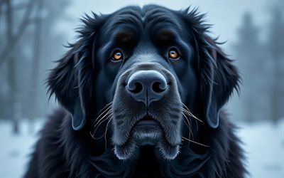 4k, نيوفاوندلاند, شتاء, خوخه, غابة, كلاب, كمامة, حيوانات لطيفة, حيوانات أليفة, كلب في الغابة, كلب نيوفاوندلاند