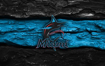 logotipo de madera de los miami marlins, 4k, fondo de madera azul negro, grandes ligas, béisbol, logotipo de los marlins de miami, emblema de los marlins de miami, equipo de beisbol americano, marlins de miami