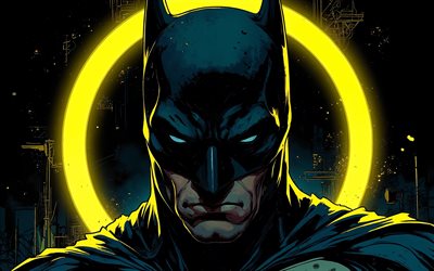 batman, 4k, dunkelheit, gelbe neonringe, dc comics, superhelden, kunstwerk, batman kunst, fan kunst, batman 4k