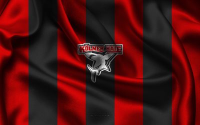 4k, logo kolner haie, équipe allemande de hockey sur glace, tissu de soie rouge noir, del, emblème kolner haie, kolner haie, allemagne, hockey, panneau kolner haie