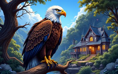 águila calva pintada, aves de presa, castillo de cuento de hadas, paisaje nocturno, águila calva en una rama, águila calva, dibujos de aves