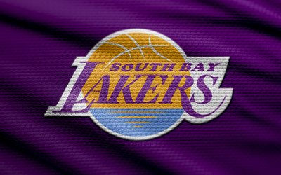 logo en tissu des lakers de south bay, 4k, fond de tissu violet, ligue nba g, bokeh, basket ball, logo des lakers de south bay, emblème des south bay lakers, équipe américaine de basket ball, lakers de la baie du sud