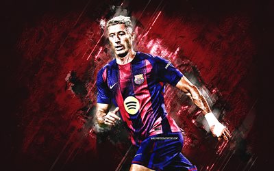 robert lewandowski, fc barcelona, lewandowski tecken, lewandowski, polsk fotbollsspelare, katalonien, grunge konst, la liga, spanien, fotboll, vinröd sten bakgrund, robert lewandowski barcelona