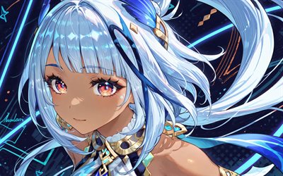 mualani, 4k, fondo abstracto azul, impacto de genshin, luces de neón azules, personajes de anime, personajes de impacto de genshin, impacto de mualani genshin