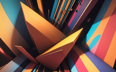 4k, bunte 3d figuren, linien, bunter 3d hintergrund, 3d muster, 3d hintergründe, geometrische formen, geometrie, kreativ, bunte abstrakte hintergründe, geometrische figuren