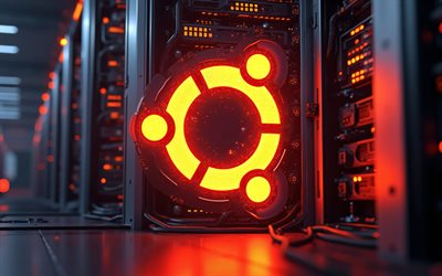 4k, ubuntu glödande logotyp, mörker, elektronikmärken, bokeh, datacenterställ, ubuntu logotyp, märkes logotyp, ubuntu orange neon logotyp, ubuntu, varumärken, ubuntu neon logotyp, linux ubuntu