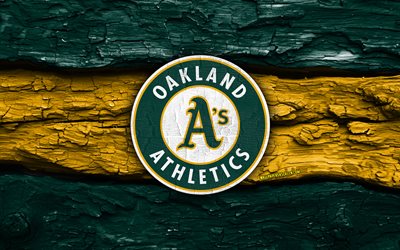 logo en bois des athletics d'oakland, 4k, fond en bois jaune vert, mlb, base ball, logo des athlétisme d'oakland, emblème des athletics d'oakland, équipe de baseball américaine, athlétisme d'oakland
