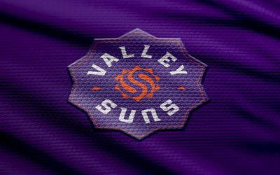 logo en tissu des valley suns, 4k, fond de tissu violet, ligue nba g, bokeh, basket ball, logo des suns de la vallée, emblème des valley suns, équipe américaine de basket ball, soleils de la vallée