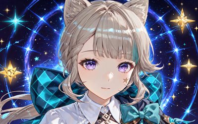 lynette, 4k, galaxie, étoiles, genshinimpact, fond abstrait bleu, personnages d'anime, lynn, netti, lina, personnages genshin impact, lynette genshin impact