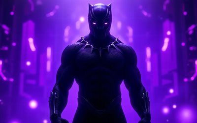 4k, 어둠 속의 블랙팬서, 보라색 빛 슈퍼 히어로, 블랙팬서, 인기 캐릭터, 블랙팬서 슈퍼히어로, 보라색 배경, 어둠, 블랙팬서 캐릭터