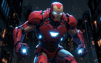 Iron Man, 4k, night, blue fireballs, superheroes, Marvel Comics, street, abstract art, Iron Man Art, creative, nighscape, Iron Man 4K, IronMan