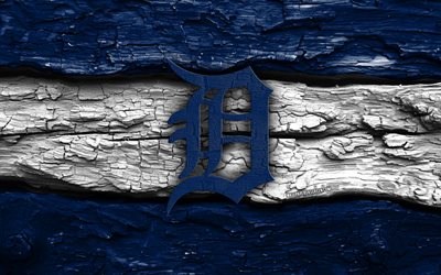 logotipo de madera de los tigres de detroit, 4k, fondo de madera blanco azul, grandes ligas, béisbol, logotipo de los tigres de detroit, emblema de los tigres de detroit, equipo de beisbol americano, tigres de detroit