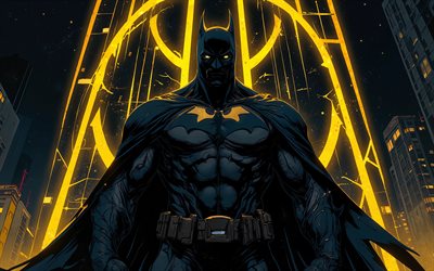 batman, 4k, grunge kunst, gelbe neonstrahlen, dc comics, dunkelheit, superhelden, kunstwerk, batman kunst, fan kunst, batman 4k