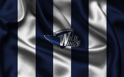 4k, Schwenninger Wild Wings logo, German ice hockey team, blue white silk fabric, DEL, Schwenninger Wild Wings emblem, Schwenninger Wild Wings, Germany, hockey, Schwenninger Wild Wings sign
