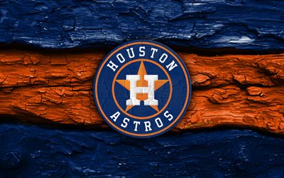 Houston Astros wooden logo, 4k, blue orange wooden background, MLB, baseball, Houston Astros logo, Houston Astros emblem, american baseball team, Houston Astros
