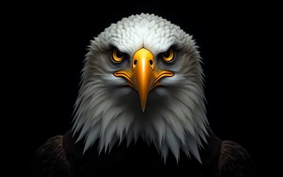 Bald eagle on a black background, 4K, birds of prey, eagles, bald eagle, symbol of the USA, bald eagle head, predatory look