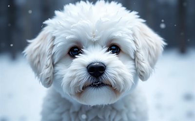 4k, bichon frise, inverno, bokeh, cani, museruola, simpatici animali, animali domestici, cane nella foresta, cane bichon frise