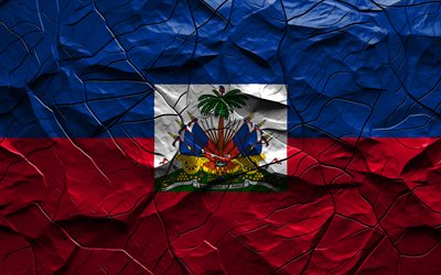 4k, علم هايتي, نسيج الحجر, أمريكا الشمالية, علم هايتي ثلاثي الأبعاد, الخلفية مع الشقوق, هايتي, العلم الهايتي