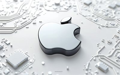 apple metalllogo, 4k, weißer technologiehintergrund, apple 3d emblem, apple zeichen, apple logo, weißer chip, apfel