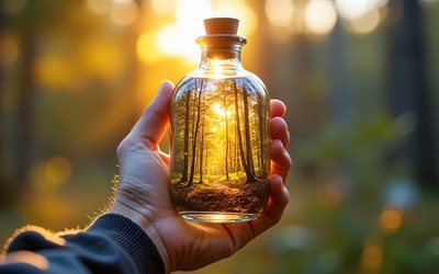 bosque dentro de una botella de vidrio, noche, atardecer, bosque, paisaje dentro de una botella de vidrio, primavera, árboles, paisaje primaveral dentro de una botella, arte