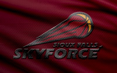 logotipo de tela sioux falls skyforce, 4k, fondo de tela granate, liga nba g, bokeh, baloncesto, logotipo de sioux falls skyforce, emblema de sioux falls skyforce, equipo de baloncesto americano, fuerza aérea de sioux falls