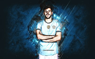 Nico Gonzalez, Manchester City FC, Spanish footballer, blue stone background, grunge art, Premier League, England, football, Nico Gonzalez Manchester City, Man City