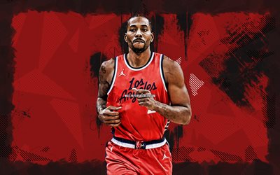 4k, Kawhi Leonard, red grunge background, NBA, Los Angeles Clippers, American basketball players, Kawhi Leonard 4k, basketball, LA Clippers, basketball stars, Kawhi Leonard LA Clippers