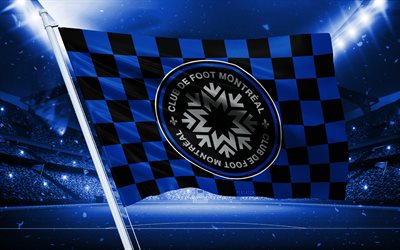 4k, logo cf montréal, club de football canadien, drapeau du stade, fachier de fans de montréal cf, drapeau noir, cf montréal emblem, mls, usa, football, cf montréal