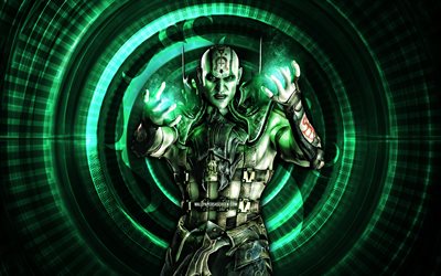 quan chi, 4k, fondo espiral turquesa, móvil mortal kombat móvil, creativo, kombat mortal, quan chi mk mobile, personajes de mortal kombat