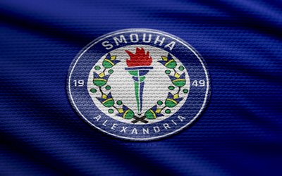 Smouha SC fabric logo, 4k, blue fabric background, Egyptian Premier League, bokeh, soccer, Smouha SC logo, EPL, football, Smouha SC emblem, Smouha SC, Egyptian football club, Smouha FC