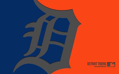 detroit tigers logosu, 4k, mavi arka plan, karbon sanatı, detroit tigers amblemi, amerikan beyzbol kulübü, mlb, amerika, detroit tigers, beyzbol, major league beyzbol