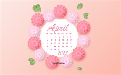 calendrier avril 2025 avril, fond de printemps rose, calendrier 2025, avril, fleurs roses 3d, calendrier avril 2025, calendriers du printemps 2025