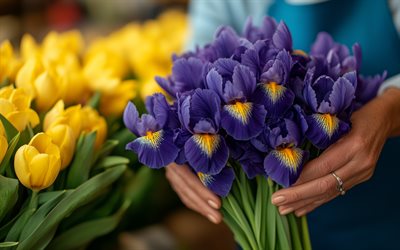 iris, lila frühlingsblumen, strauß von iris, frühlingsstrauß, iris in händen, lila blumenstrauß