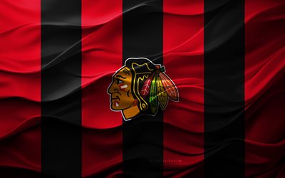 4k, logotipo de chicago blackhawks, fondo 3d negro rojo, emblema de chicago blackhawks, equipo de hockey estadounidense, bandera de blackhawks de chicago, textura 3d, nhl, eeuu, chicago blackhawks, hockey
