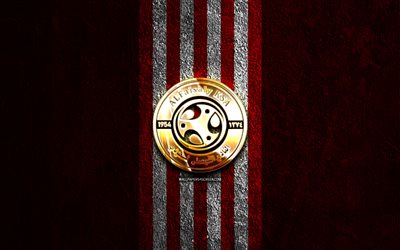 al faisaly fc golden logo, 4k, roter steinhintergrund, saudische professionelle liga, saudischer fußballverein, al faisaly fc logo, fußball, al faisaly fc emblem, al faisaly fc, al faisialy fc, al faisaly