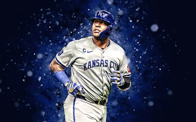salvador perez, 4k, mavi neon işıklar, kansas city royals, mlb, venezüella beyzbol oyuncuları, salvador perez 4k, beyzbol, major league beyzbol, salvador perez kansas city royals, el nino, kc royals