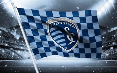 4k, sporting kansas city  logotyp, amerikansk fotbollsklubb, stadionflagga, sporting kansas city fans flagga, blå flagga, sporting kansas city emblem, ml, usa, fotboll, sportkan